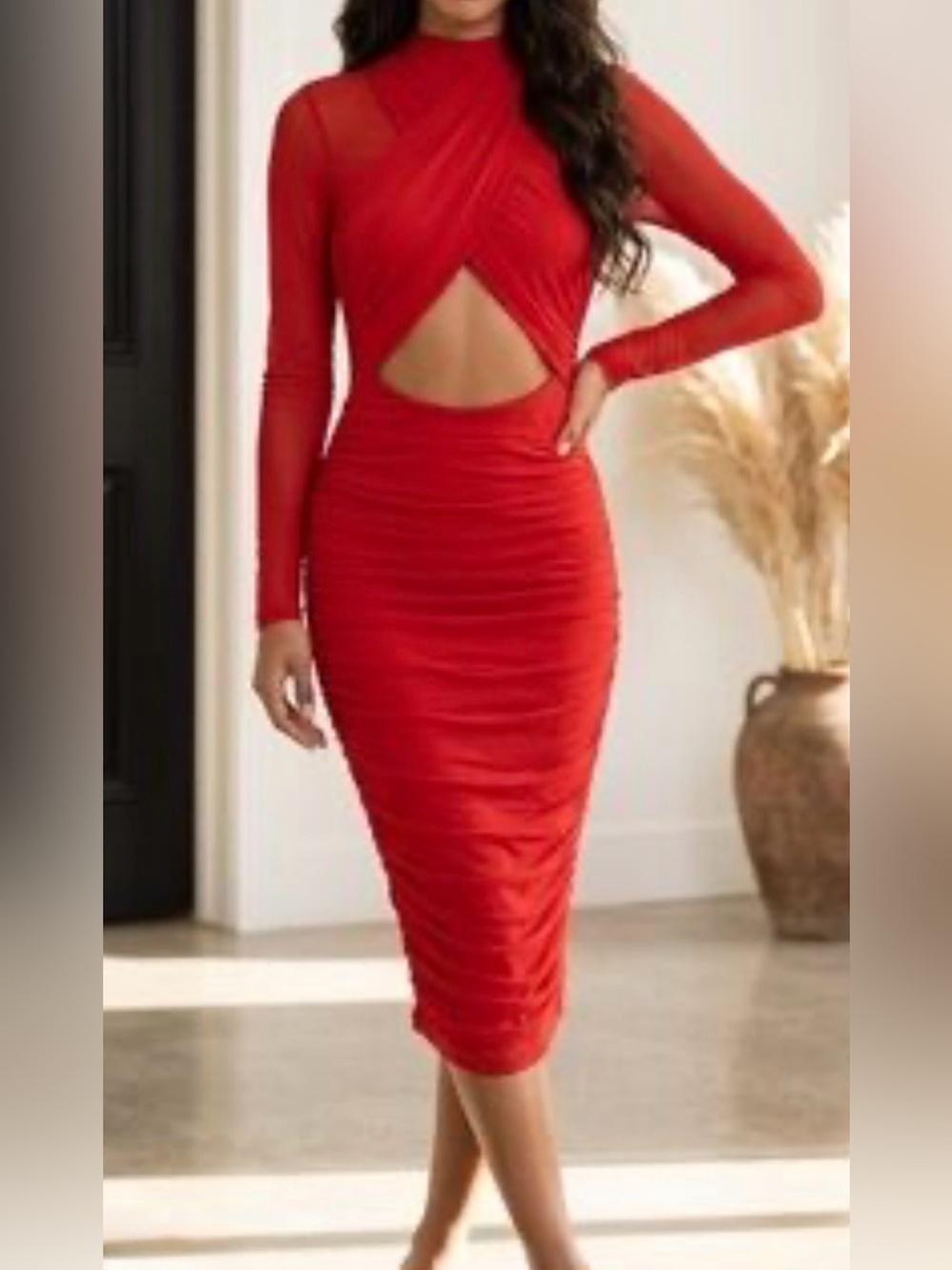 Venus Red Cutout Bodycon Dress with sheer long sleeves